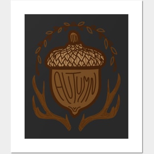 "Autumn Acorn" Fall Acorn with Leaves and Antlers Posters and Art